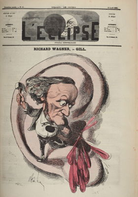 A hand-coloured engraving by André Gill, published as the front cover of the French magazine 'L'Eclipse', dated 18 April 1869, using a caricature of Richard Wagner to suggest that his music was ear-splitting