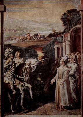 'Alcina receives Ruggero', a fresco transferred to canvas, by French painter Niccolò dell'Abbate (c1510-1571)