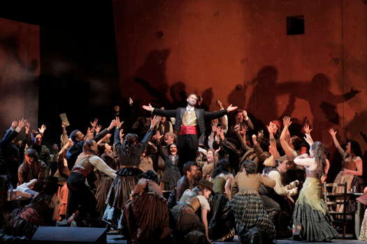 Kyle Ketelsen as Escamillo with the San Francisco Opera Chorus in Bizet's 'Carmen' at San Francisco Opera. Photo © 2019 Cory Weaver