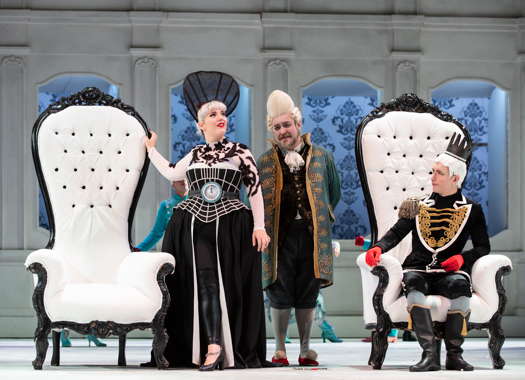 Teresa Iervolino as Cenerentola, Carlo Lepore as Don Magnifico and Maxim Mironov as Don Ramiro in Rossini's 'La Cenerentola' for Opera Roma. Photo © 2019 Yasuko Kageyama