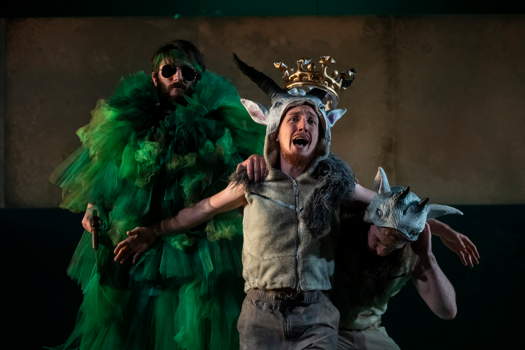 Goat-horned Pan (James Gribble) in a passionate outburst with leafy Sylvano (William Stevens, left) and malicious Saturino (Gabriel Seawright, right). Photo © 2019 Matthew Williams-Ellis