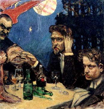 An oil-on-canvas painting of Akseli Gallen-Kallela, Oskar Merikanto, Robert Kajanus and Jean Sibelius in 1894 by Finnish painter Akseli Gallen-Kallela (1865-1931)