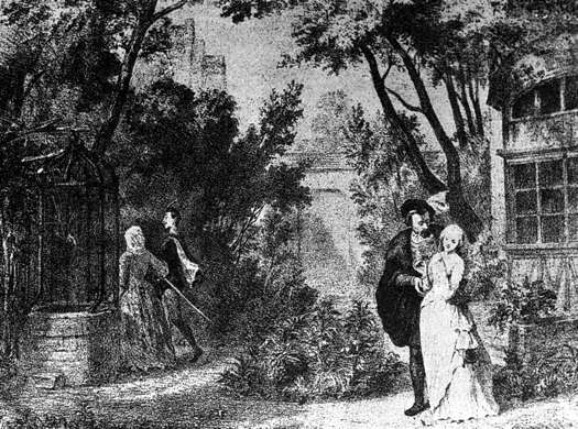 Margarite's garden in Act III of Gounod's 'Faust' as presented in the original 1859 production at the Théâtre Lyrique in Paris by set designers Pierre-Auguste Lamy (1827-1883), Charles-Antoine Cambon (1802-1875) and Joseph Thierry (1812-1866)
