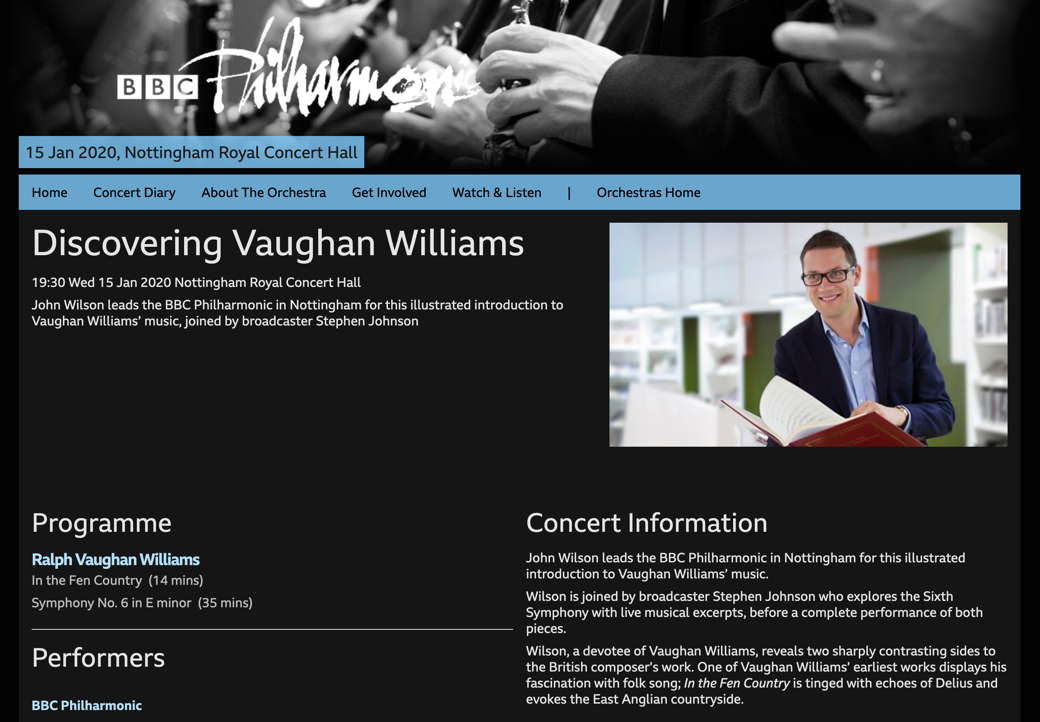 Online BBC publicity for the 'Discovering Vaughan Williams' event in Nottingham, with an inset photo of conductor John Wilson