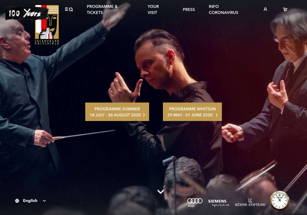 Another screenshot of the Salzburg Festival homepage with continuously moving background video, showing (from left to right) conductors Daniel Baremboin, Yannick Nézet-Séguin and Riccardo Muti