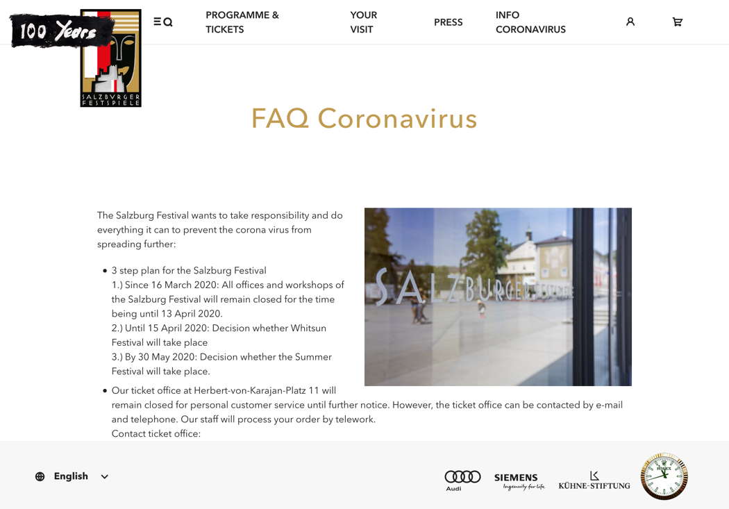 A screenshot of the Salzburg Festival's Coronavirus information page