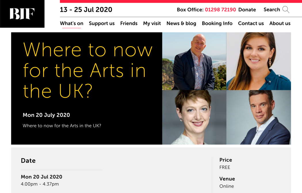 Online publicity for the Buxton Festival film 'Where to now for the Arts in the UK?'