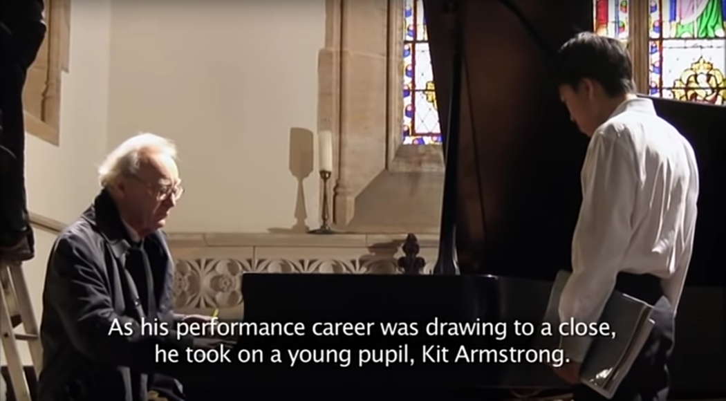 A still frame from Mark Kidel's 2011 film 'Set the Piano Stool on Fire' featuring Alfred Brendel and Kit Armstrong