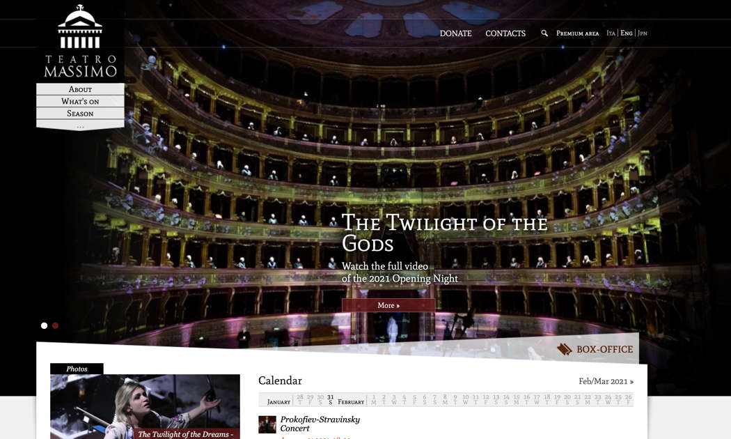 A screenshot of the English language version of the Teatro Massimo website showing the 2021 Opening Night