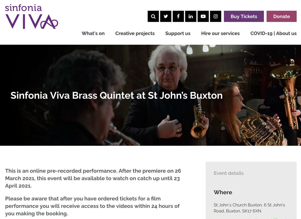 'Sinfonia Viva Brass Quintet at St John’s Buxton'. Sinfonia Viva online publicity