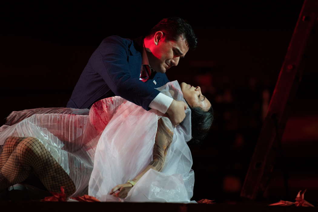 Saimir Pirgu as Pinkerton and Corinne Winters in the title role of the Teatro dell'Opera di Roma production of Puccini's 'Madama Butterfly' at the Circo Massimo in Rome. Photo © 2021 Fabrizio Sansoni