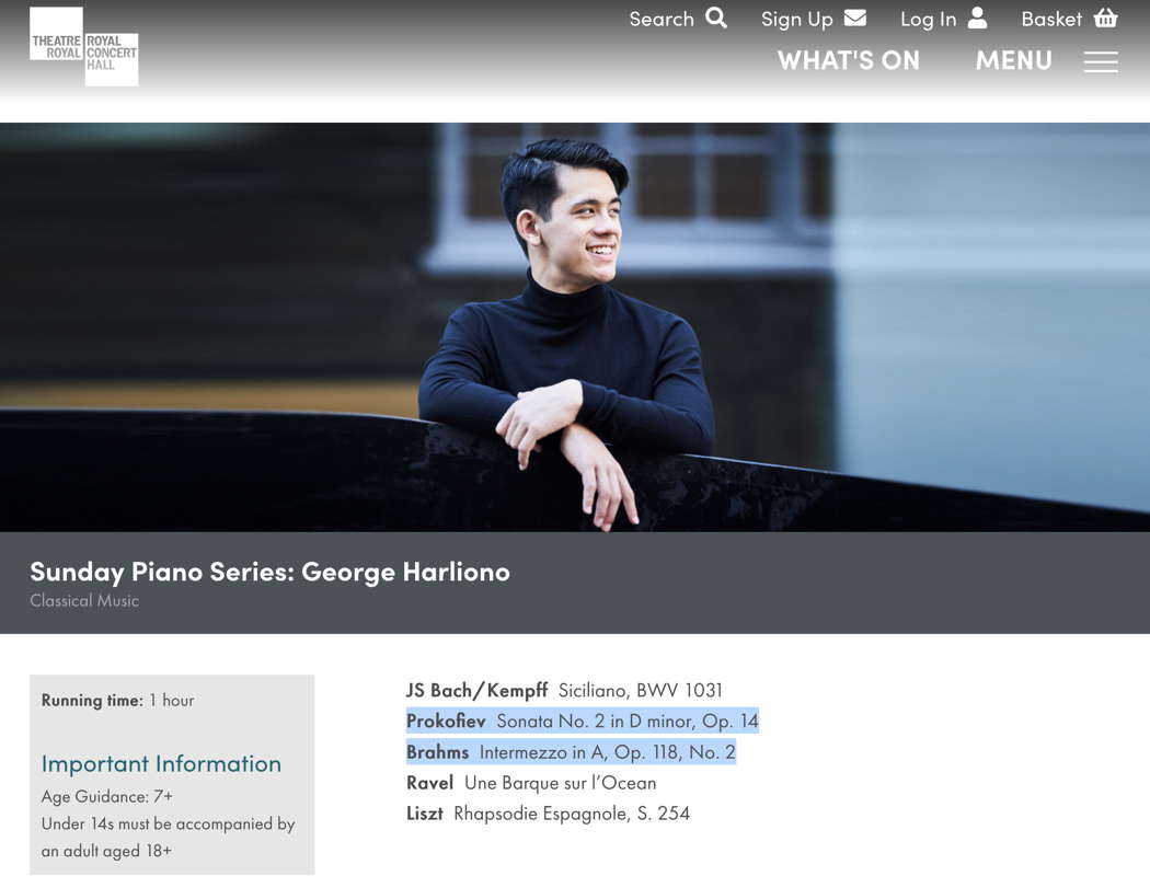 Nottingham Royal Concert Hall online publicity for George Harliono's recital