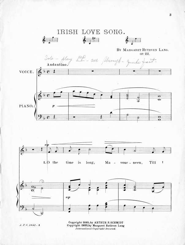 The opening page of Margaret Lang's 'Irish Love Song' from the Historic Sheet Music Collection of Connecticut College
