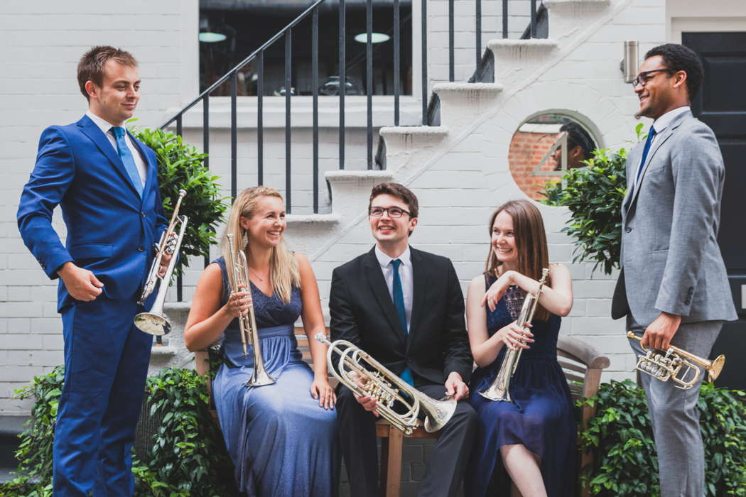 The Solus Trumpet Ensemble. From left to right: Tom Griffiths, Matilda Lloyd, William Foster, Katie Lodge and Aaron Akugbo. Photo © 2019 Sam Dye