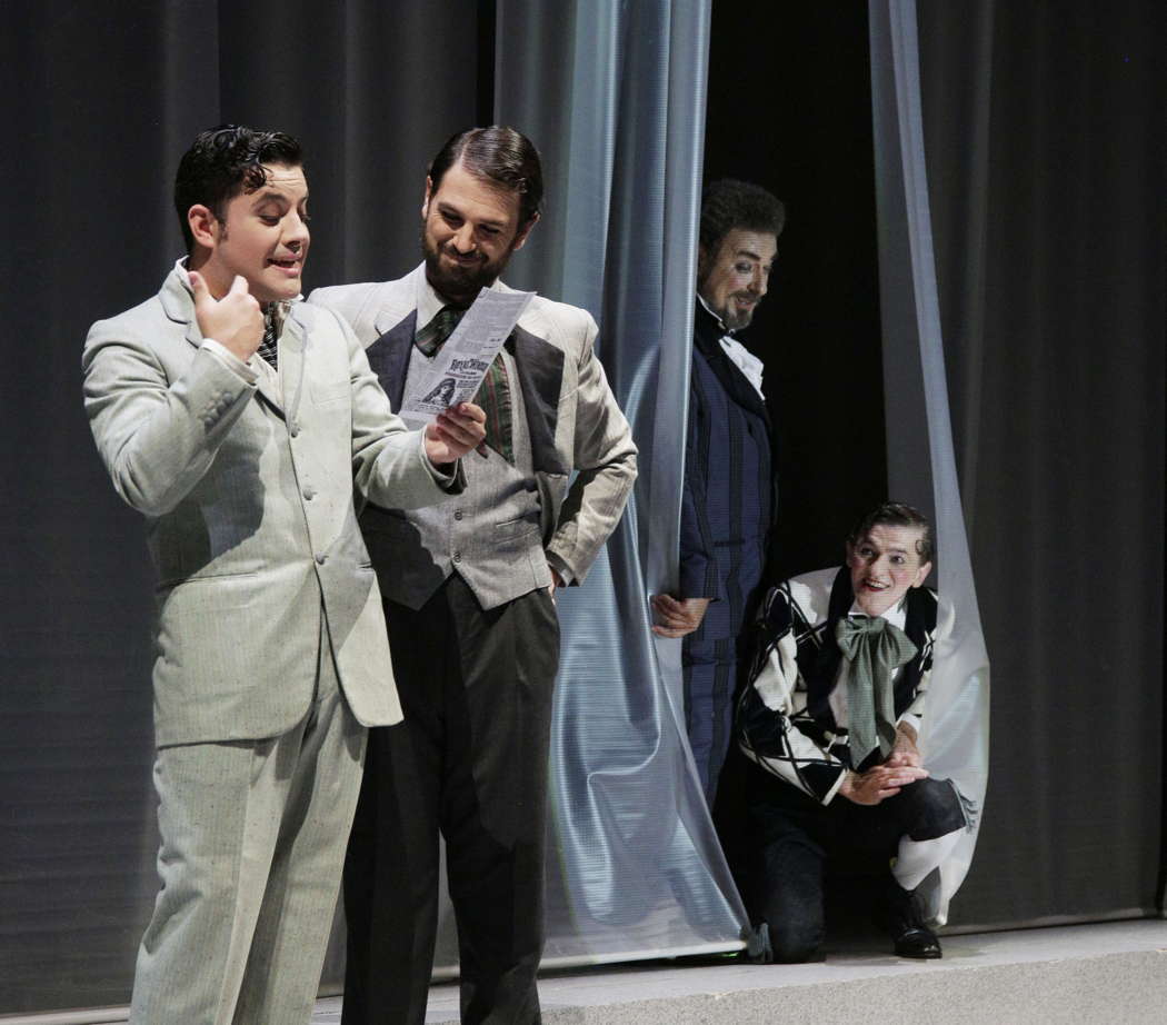 Pietro Adaini as Alberto, Pablo Galvez as Monsù Traversen, Carlo Lepore as Don Pomponio Storione and Ernesto Lama as Tommasino in Rossini's 'La gazzetta' at the Rossini Opera Festival in Pesaro. Photo © 2022 Amati Bacciardi