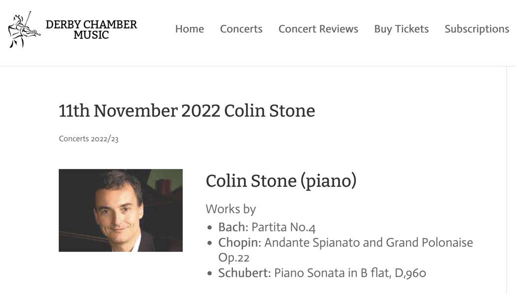 Derby Chamber Music's online publicity for Colin Stone's piano recital