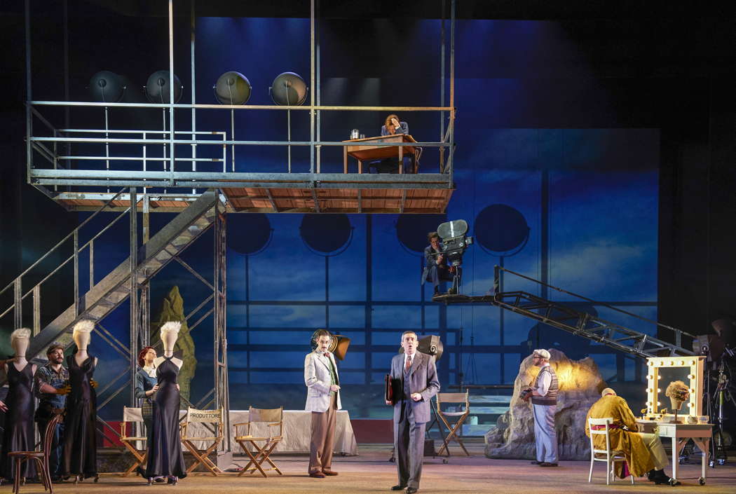 John Savournin (left) as the Major-Domo, Dean Robinson as the Music Master and Hanna Hipp as the Composer (top) with the Company of 'Ariadne auf Naxos' in Opera North's production of the Richard Strauss opera. Photo © 2023 Richard H Smith