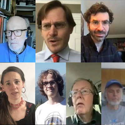Participants in the online discussion 'Classical music and artificial intelligence'. From left to right, top to bottom: George Coulouris, John Dante Prevedini, Michael Stephen Brown, April Fredrick, Adrian Rumson, Keith Bramich and David Rain