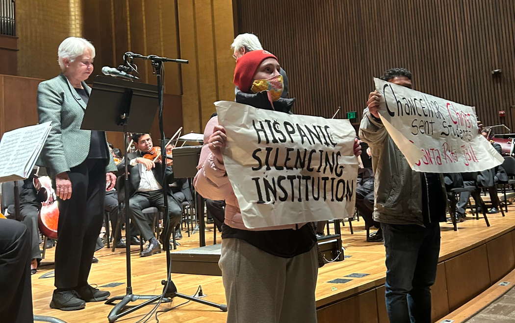 The protest at the UCB Symphony Orchestra concert on 3 November 2023 with, behind, Carol Christ and the UC Berkeley Symphony Orchestra