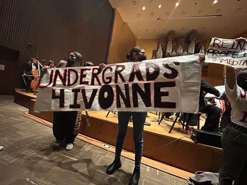 Protestors at the concert on 3 November 2023. Ivonne del Valle is professor of colonial studies at UC Berkeley, currently on administrative leave after being accused of sexual harrassment.