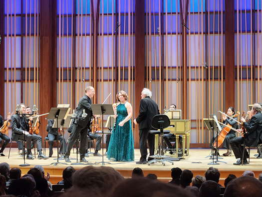 From left to right: Jeff Thayer, Sarah Skuster and Edo de Waart with, behind, members of the San Diego Symphony Orchestra at the Conrad in La Jolla on 9 February 2024. Photo © 2024 Ron Bierman