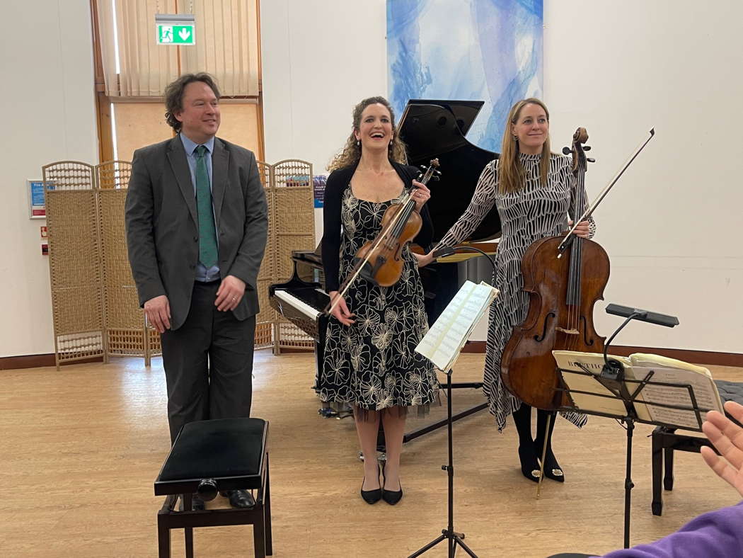 The Aquinas Piano Trio at Derby University on 24 March 2024. From left to right: Martin Cousin, Ruth Rogers and Katherine Jenkinson