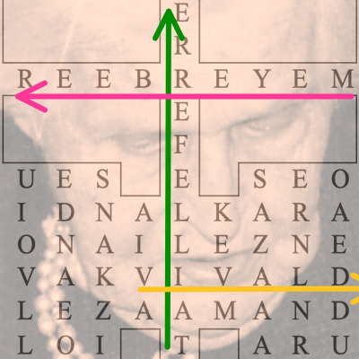 A detail from the 'Tailleferre' puzzle with, behind, Germaine Tailleferre's face, plus a few puzzle clues