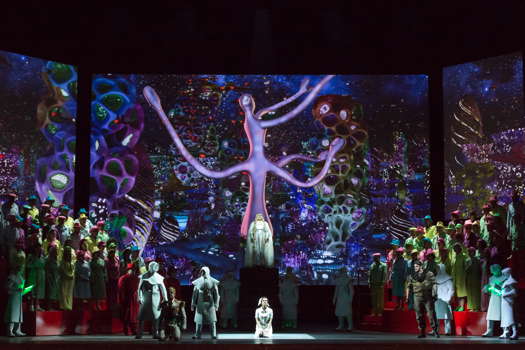 Tatiana Melnychenko as Turandot and the chorus with, in the foreground, Simon Orfila as Timur, Valeria Sepe as Liù and Brian Jagde as Calaf, in Puccini's 'Turandot' at Teatro Massimo di Palermo. © 2019 Rosellina Garbo