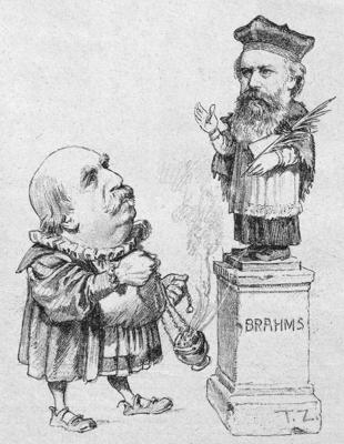 An 1890 cartoon from the Viennese satirical magazine Figaro showing music critic Eduard Hanslick offering incense to Johannes Brahms. Hanslick was known to praise Brahms' music but to have a low opinion of Wagner's output. Wagner probably took his revenge by basing the Beckmesser character in 'Die Meistersinger von Nürnberg' on Hanslick himself.