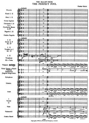 The first page of the full score for Holst's ballet music from 'The Perfect Fool', showing the opening trombone invocation representing the wizard summoning the Earth Spirits
