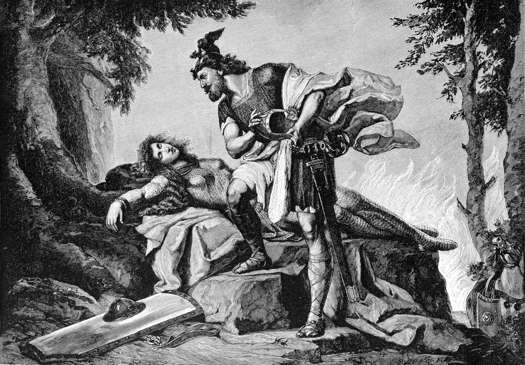 In Richard Wagner's 'Der Ring des Nibelungen' and in Norse mythology, Siegfried awakens Brunhilde. Engraving by R Bong of original artwork by Otto Donner von Richter (1828-1911)