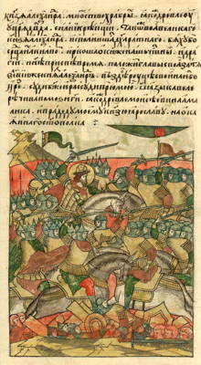 The Battle on the Ice, part of the Northern Crusades, 5 April 1242 on Lake Peipus, between Estonia and Russia, as depicted in the late sixteenth century illuminated manuscript 'Life of Alexander Nevsky'