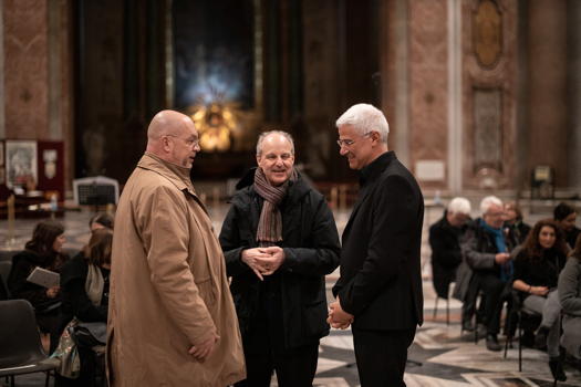 From left to right: Joachim Blüher, Nicola Sani and Tonino Battista in the Basilica di Santa Maria degli Angeli e dei Santi. Photo © 2019 Alberto Novelli