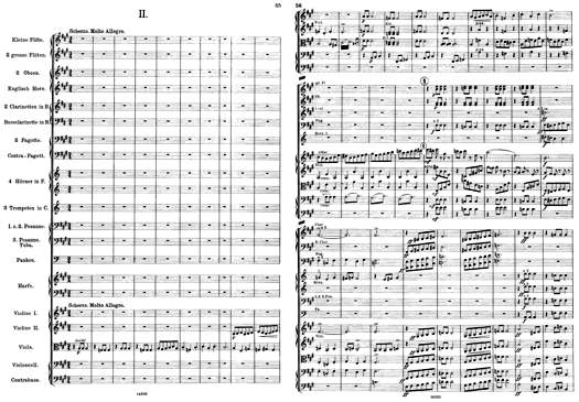 The first two pages of the second movement (Scherzo. Molto allegro) of Emánuel Moór's Symphony in E minor, Op 65, published in 1906 by C F W Siegel's Musicalienhandlung, Leipzig