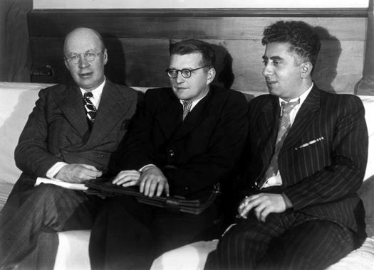 From left to right: Soviet composers Sergei Prokofiev, Dmitri Shostakovich (1906-76) and Aram Khachaturian (1903-78) in 1940 or 1945, by an unknown Russian photographer