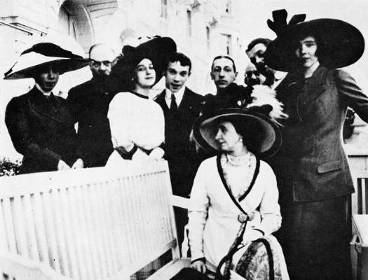 Supporters and members of Ballets Russes in 1911, including Vaslav Nijinski (fourth from left), Igor Stravinsky (fifth from left) and Sergei Diaghilev (second from right)