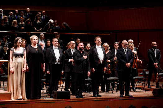 Kirill Petrenko and his soloists share the applause at the end of their performance of Beethoven's 'Choral' Symphony. Photo © 2019 Musacchio & Ianniello