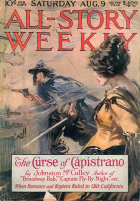 Zorro's debut in 'The Curse of Capistrano', published in 'The All-Story Weekly Magazine' on 9 August 1919