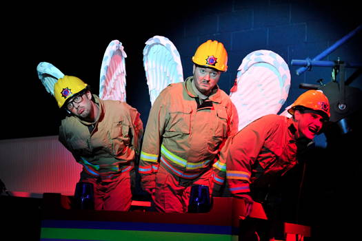 Johnny Herford, Adam Sullivan and Bradley Travis as the firemen in Šimon Voseček's 'Biedermann und die Brandstifter' ('Biedermann and the Arsonists') based on the play by Max Frisch, in an English translation by David Pountney for Independent Opera at Sadlers Wells in London, UK. Photo © 2015 Robbie Jack