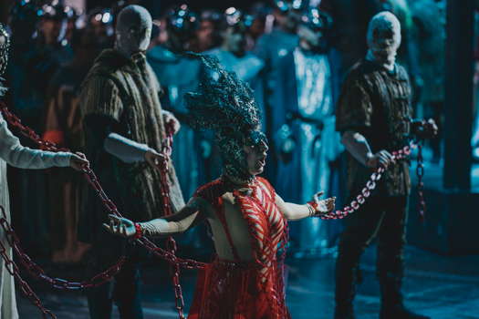 Salome Jicia in the title role of Bellini's 'La Straniera' with chorus members at Maggio Musicale Fiorentino. Photo © 2019 Michele Monasta