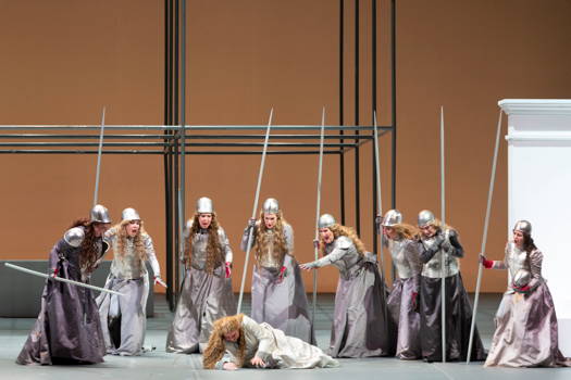 The Valkyries: Raffaela Lintl as Gerhilde, Pia-Marie Nilsson as Ortlinde, Ursula Hesse Von Den Steinen as Waltraute, Julia Gertseva as Schwertleite, Robyn Allegra Parton as Helmwige, Ivonne Fuchs as Siegrune, Niina Keitel as Grimgerde, and Alexandra Ionis as Rossweisse in 'Die Walküre' at Teatro di San Carlo in Naples. Photo © 2019 Luciano Romano