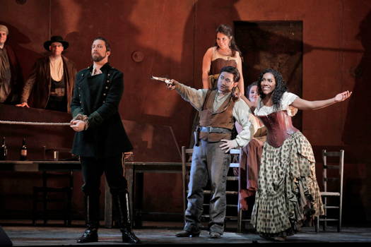 David Leigh as Zuniga, Zhengyi Bai as Remendado, Natalie Image as Frasquita, Ashley Dixon as Mercédès (partially obscured) and J'nai Bridges in the title role of Bizet's 'Carmen' at San Francisco Opera. Photo © 2019 Cory Weaver