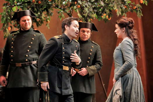 SeokJong Baek as Moralès and Anita Hartig as Micaëla in Bizet's 'Carmen' at San Francisco Opera. Photo © 2019 Cory Weaver