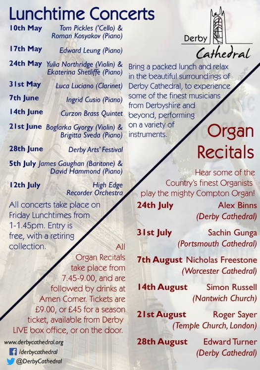 Derby Cathedral Lunchtime Concerts and Organ Recitals, Summer 2019