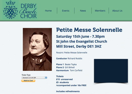 Online publicity for Derby Bach Choir's 'Petite Messe Solennelle' performance on 15 June 2019