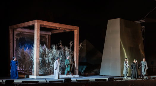 Vittoria Yeo as Aida, Alfred Kim as Radames, Marco Caria as Amonasro and Judit Kutasi as Amneris in Denis Krief's new production of Verdi's 'Aida' in Rome. Photo © 2019 Yasuko Kageyama