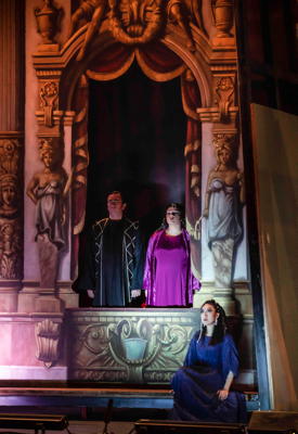 Gabriele Sagona as the King, Vittoria Yeo as Aida and Judit Kutasi as Amneris in Denis Krief's new production of Verdi's 'Aida' in Rome. Photo © 2019 Yasuko Kageyama