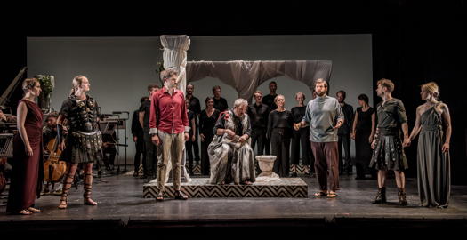 From left to right: Elizabeth Karani as Rutilia, Eleanor Dennis as Comminio, William Towers as Marco Fabio, Robert Murray as Lucio Papirio, Gareth Brynmor John as Servillio, Owen Willetts as Quinto Fabio and Rowan Pierce as Papiria in 'Lucio Papirio Dittatore' at the Buxton Festival. Photo © 2019 Genevieve Girling