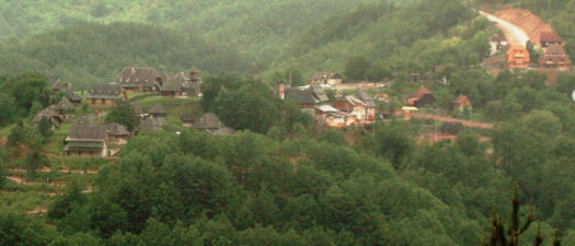 Detail from a 2010 panoramic photo of the village of Küstendorf (Drvengrad) in Serbia
