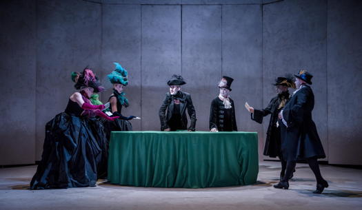 Rhys Alun Thomas as The Blackmailer, Geoffrey Dolton as Sheridan, Benjamin Hewlett as the Duke of Devonshire and Aled Hall as Fox in 'Georgiana' at the Buxton Festival. Photo © 2019 Genevieve Girling